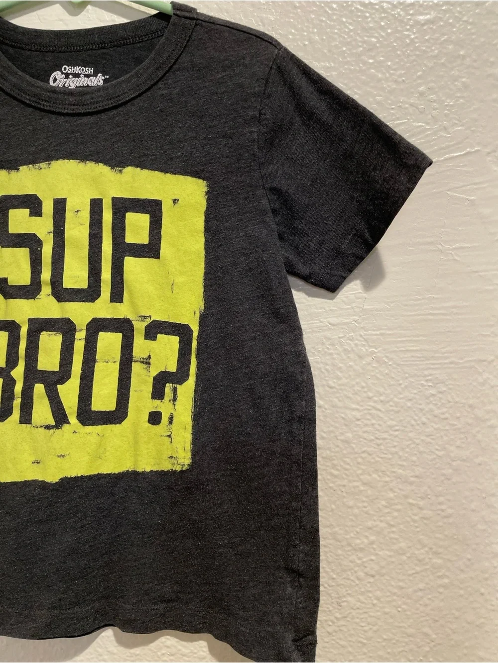OshKosh B'gosh Boys Size 6 Charcoal Grey Neon Yellow Sup Bro Graphic T-Shirt